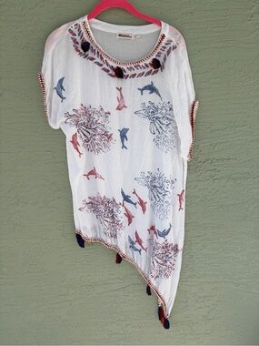 Azucar Ladies Cotton Beach Cover-Up Tunic Dolphins & Coral Reef